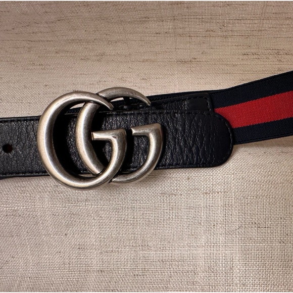 Authentic GUCCI Marmont Blue/Red GG Web Stripe Elastic Kids Navy Leather Belt M - Picture 5 of 9